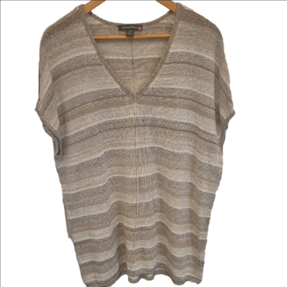 Tommy Bahama Taupe and Cream Striped V-Neck Knit Cap Sleeve Tunic